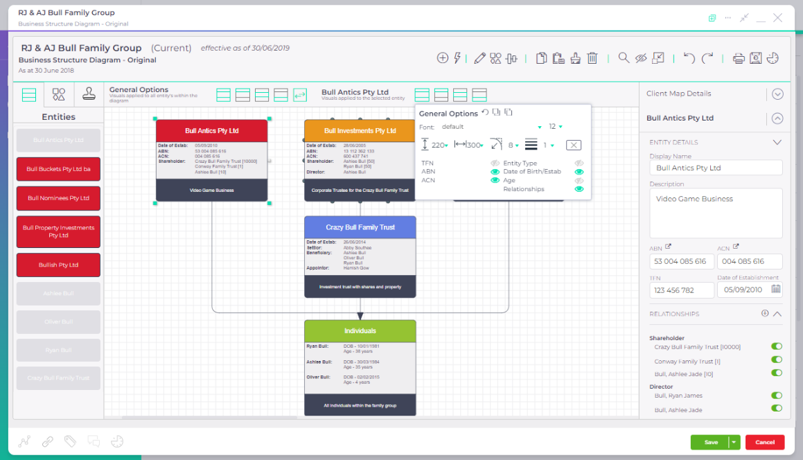 AccountKit Client Mapping showing linked business entities, a family trust and individuals, with an entity details panel