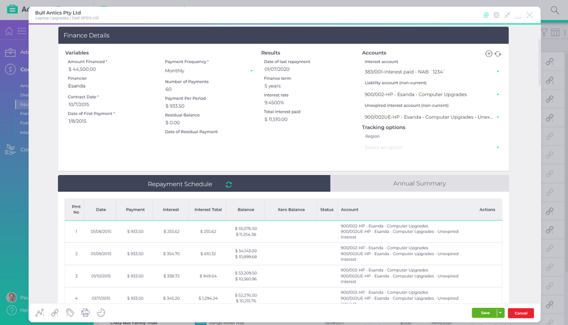 AccountKit Equipment Finance showing agreement details, account mappings and the repayment schedule